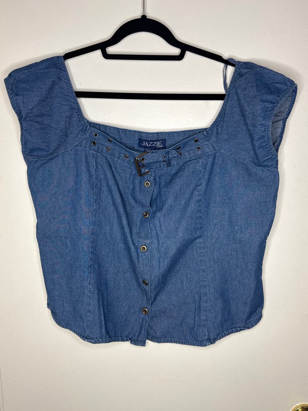 Vintage 90s Jazzie Blue Denim Crop Top Western Buckle Strap Blouse Size 1X Y2K